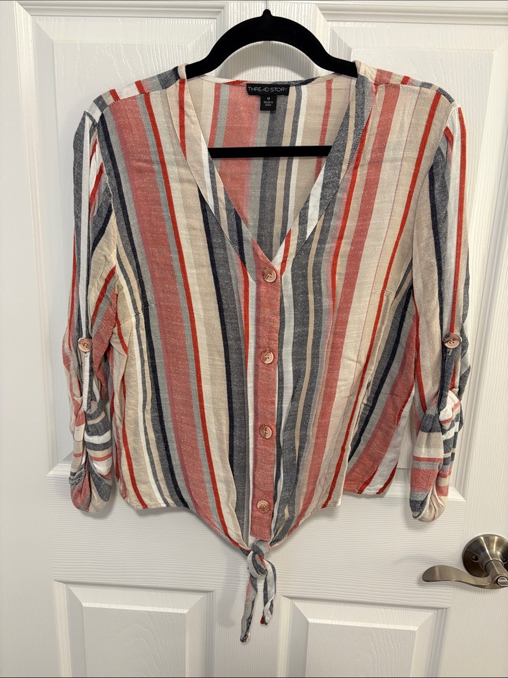 Thread Story Striped Tie-Front Light Weight Linen Button Shirt